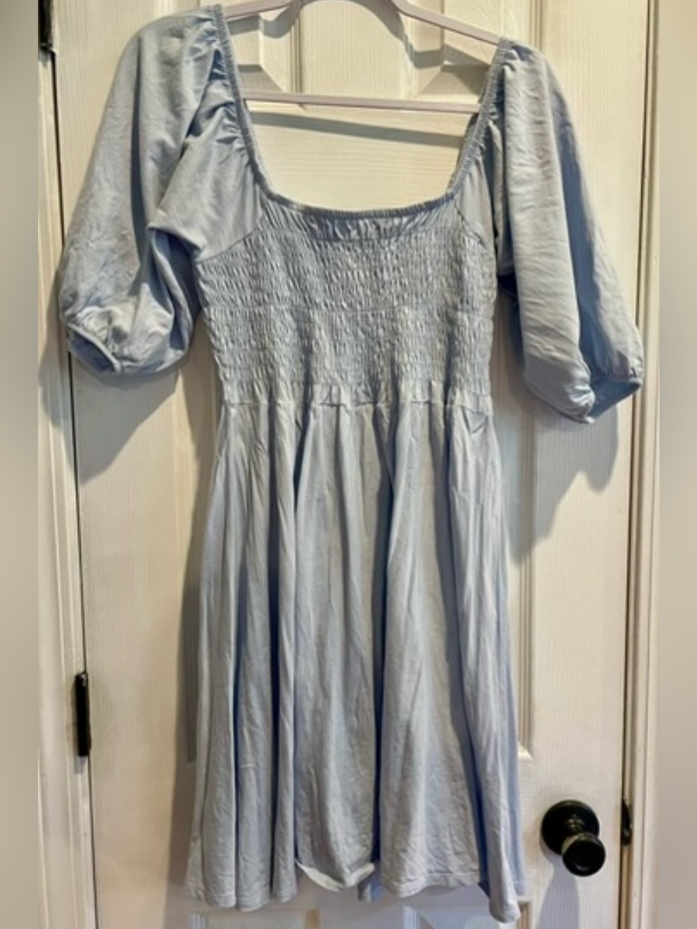 Size medium blue smocked dress with puff sleeves by J. Crew